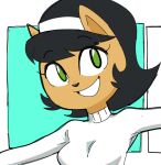  2022 accessory anthro black_hair bust_portrait dbaru domestic_cat felid feline felis female fur green_eyes hair hair_accessory hairband hi_res kitty_katswell mammal nickelodeon portrait smile solo t.u.f.f._puppy tan_body tan_fur turtleneck 