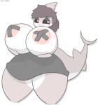  absurd_res anthro big_breasts breast_grab breasts clothed clothing female fish hair hand_on_breast hi_res marine nervous_smile partially_clothed shark simple_background solo thick_tail thick_thighs wide_hips zaclyn 