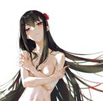  1girl bangs black_hair blood breasts closed_mouth commentary_request completely_nude dino_(dinoartforame) eyebrows_visible_through_hair flower hair_flower hair_ornament highres long_hair looking_at_viewer medium_breasts navel nude red_eyes red_flower red_rose rose simple_background solo spy_x_family upper_body white_background yor_briar 