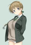 1girl absurdres arms_behind_back black_jacket blazer blue_eyes braid breasts brown_hair collared_shirt commentary_request green_necktie grey_background hatakenaka_(kamagabuchi) highres jacket large_breasts looking_at_viewer lynette_bishop necktie no_pants panties shirt simple_background single_braid solo standing strike_witches sweater_vest underwear white_panties world_witches_series 