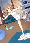  3girls :o absurdres alternate_costume arms_up balancing bare_legs bare_shoulders barefoot blanc_(neptune_series) blue_eyes blush brown_hair exercise famicom focused game_console gamecube highres indoors leaning_forward leg_up long_hair looking_afar looking_at_another medium_hair multiple_girls neptune_(series) nintendo_64 o_o outstretched_arms peeping ram_(neptune_series) rom_(neptune_series) short_shorts shorts siblings sisters solo_focus standing standing_on_one_leg staring surprised tank_top thisisrals trembling twins white_tank_top wii_balance_board 