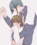  1boy 1girl adam&#039;s_apple aqua_hair bangs black_hair blue_shirt blush breasts brown_eyes couple ear_blush embarrassed hand_on_wall hands_over_own_mouth hands_up height_difference hetero highres hug hug_from_behind jade_leech large_breasts long_sleeves looking_at_another looking_away looking_down matching_outfit multicolored_hair oversized_clothes pajamas pants profile shirt short_hair short_hair_with_long_locks simple_background sleeves_past_fingers sleeves_past_wrists streaked_hair towel towel_around_neck twisted_wonderland unbuttoned wet wet_hair white_shirt yellow_eyes yuu_(twisted_wonderland) yuuinoue 