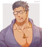  1boy artist_name bara black-framed_eyewear black_hair border dagon_(housamo) fish_boy gills glasses grey_background hinokumo_f jewelry large_pectorals licking_lips long_sideburns looking_down male_focus muscular muscular_male necklace outside_border pectorals purple_shirt red_eyes shirt short_hair sideburns signature solo tokyo_afterschool_summoners tongue tongue_out upper_body white_border 