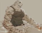  1boy animal_ears arknights bara black_tank_top commentary_request covered_abs furry furry_male hinokumo_f large_pectorals male_focus mature_male mountain_(arknights) muscular muscular_male pants pectorals scar short_hair solo tank_top tiger_boy tiger_ears white_fur white_hair 