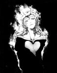  1boy bare_shoulders burning character_request check_character closed_mouth clothing_cutout collarbone curly_hair earrings eyelashes fire frown giorno_giovanna greyscale hair_between_eyes head_tilt heart_cutout highres jewelry jojo_no_kimyou_na_bouken long_hair looking_at_viewer male_focus monochrome necklace pinggup simple_background solo upper_body vento_aureo 