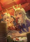  +_+ 2girls absurdres ahoge animal_ears bangs blue_eyes blush bow bowl bowtie chopsticks ear_covers eating egg fang food food_on_face food_stand grey_hair hair_between_eyes hairband highres holding holding_chopsticks horse_ears horse_girl jongigeguli_rto long_hair market_stall multiple_girls noodles oguri_cap_(umamusume) onigiri open_mouth plate sailor_collar school_uniform serafuku shaded_face short_sleeves sweat tamamo_cross_(umamusume) tracen_school_uniform umamusume white_sailor_collar 