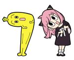  1girl 1other :o anya_(spy_x_family) black_dress black_footwear dress endou_tatsuya facing_viewer full_body hairpods head_tilt highres looking_at_viewer looking_up mascot nanana_(tv_tokyo) pink_hair simple_background spy_x_family tv_tokyo white_background white_legwear 