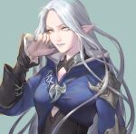  1girl blue_background blue_eyes blue_jacket brooch chinese_commentary commentary_request elezen elf final_fantasy final_fantasy_xiv grey_hair grey_lips grey_nails hand_on_own_face highres jacket jewelry long_hair looking_at_viewer pointy_ears simple_background solo upper_body xlens ysayle_dangoulain 