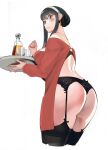  1girl absurdres alcohol arai_kei ass back blush breasts cleavage earrings garter_belt garter_straps hair_bun hairband highres jewelry liquor single_hair_bun spy_x_family sweater thighhighs tray twintails yor_briar 