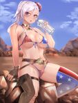  1girl absurdres american_flag_bikini american_flag_legwear asymmetrical_hair bangs belt bikini black_choker blue_eyes blue_sky bottle breasts brown_belt bun_cover choker clyde_s desert drinking fate/grand_order fate_(series) fingerless_gloves flag_print gloves hair_between_eyes highres holding holding_bottle large_breasts long_hair looking_at_viewer miyamoto_musashi_(fate) miyamoto_musashi_(swimsuit_berserker)_(fate) miyamoto_musashi_(swimsuit_berserker)_(second_ascension)_(fate) official_alternate_costume open_mouth outdoors rock single_fingerless_glove single_thighhigh sitting sitting_on_rock sky solo sweat swimsuit thigh_strap thighhighs thighs underboob water_bottle wet white_hair 