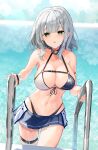  1girl absurdres bangs belt bikini black_belt breasts collarbone green_eyes grey_hair highres hololive large_breasts leg_belt looking_at_viewer meteor_(yamashou) mole mole_on_breast navel parted_lips pool shiny shiny_hair shirogane_noel short_hair solo swimsuit thighs virtual_youtuber water wet 