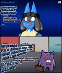  al_gx anthro blue_body briefcase building clothed clothing comic english_text gengar hi_res house lucario male nintendo office offscreen_character pok&eacute;mon pok&eacute;mon_(species) purple_body scarf shocked shocked_expression story text video_games 