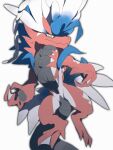  claws fangs feathers head_crest hi_res koraidon legendary_pok&eacute;mon multicolored_body multicolored_feathers nintendo pok&eacute;mon pok&eacute;mon_(species) red_body red_scales red_skin scales simple_background solo spikes umixign video_games 