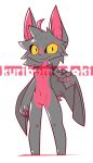  2022 3_fingers 3_toes anthro black_nose black_pupils black_sclera breasts chiropteran claws cowlick cute_fangs digital_media_(artwork) eye_markings featureless_breasts featureless_crotch feet female fingers fluffy gesture goommario010 grey_body grey_ears grey_markings grey_tail hair hi_res lahisya_(presto) light looking_at_viewer mammal markings multicolored_body multicolored_tail navel pawpads pink_body pink_hair pink_inner_ear pink_markings pink_pawpads pink_shadow pink_tail pupils snout solo standing toes watermark winged_arms wings yellow_eyes 