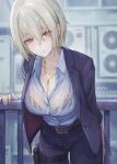  1girl 3: air_conditioner belt belt_buckle black_bra black_jacket black_pants blonde_hair blush bra bra_visible_through_clothes breasts buckle closed_mouth collared_shirt cowboy_shot day dress_shirt earrings frown highres jacket jewelry large_breasts leaning_forward long_sleeves looking_at_viewer necklace open_clothes open_jacket original outdoors pants railing rain see-through shirt short_hair shouhei solo stud_earrings thigh_strap underwear wet wet_clothes wet_shirt yellow_eyes 