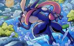  bright_pupils cloud commentary_request from_side greninja moon night outdoors pink_eyes pokemon pokemon_(creature) q-chan sky solo water water_drop waterfall white_pupils 