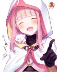  1girl :d ;3 artist_name bangs black_gloves black_shirt blunt_bangs blush bodystocking braid cloak closed_eyes crop_top eyebrows_visible_through_hair fuji_fujino gloves highres hood hood_up magia_record:_mahou_shoujo_madoka_magica_gaiden magical_girl mahou_shoujo_madoka_magica one_eye_closed open_mouth pink_gemstone pink_hair pointing shirt side_braids sidelocks signature simple_background small_kyubey smile spoken_number tamaki_iroha turtleneck upper_body white_background white_cloak 