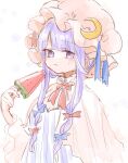  1girl :t blue_ribbon blush bow bowtie capelet commentary crescent crescent_hat_ornament dress eating eyebrows_visible_through_hair food hair_bow hat hat_ornament hat_ribbon long_hair looking_at_viewer maru_usagi mob_cap patchouli_knowledge pink_capelet pink_headwear popsicle purple_dress purple_eyes purple_headwear red_ribbon ribbon sidelocks solo striped striped_dress sweatdrop touhou upper_body vertical-striped_dress vertical_stripes watermelon_bar 