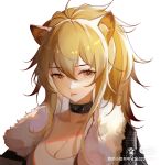  1girl :p animal_ear_fluff animal_ears arknights bangs black_choker black_jacket blonde_hair breasts brown_eyes choker cleavage collarbone eyebrows_visible_through_hair fur-trimmed_jacket fur_trim highres jacket large_breasts lion_ears long_hair open_clothes open_jacket ponytail shenyuheimao siege_(arknights) simple_background solo tongue tongue_out upper_body white_background 
