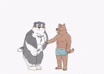  2022 anthro belly black_nose blush brown_body canid canine canis clothing domestic_dog duo grey_body hi_res kemono male mammal moobs nipples overweight overweight_male pommn_mn simple_background underwear white_body 