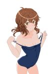  1girl absurdres bangs bare_arms bare_shoulders blue_swimsuit breasts brown_eyes brown_hair cleavage closed_mouth clothes_pull collarbone covered_navel cowboy_shot dungeon_ni_deai_wo_motomeru_no_wa_machigatteiru_darou_ka eyebrows_visible_through_hair hair_between_eyes highres liliruca_arde long_hair papiyon_(papiyon_2726) pulled_by_self school_swimsuit shiny shiny_hair shiny_skin simple_background small_breasts smile solo standing straight_hair swimsuit swimsuit_pull white_background 