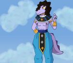  absurd_res anthro areola background_sky beerus blue_bottomwear blue_clothing blue_pants bottomwear bracelet breasts brown_hair clothed clothing cloud confident cosplay curvy_figure dragon_ball dragon_ball_super exhibitionism female gold_(metal) gold_jewelry hair hi_res jewelry nipples nodekokito nude orange_eyes pants purple_areola purple_body purple_skin reptile scalie slightly_muscular solo solo_focus topless voluptuous 
