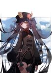 absurdres black_nails brown_hair chinese_clothes coat flower genshin_impact hat highres hu_tao_(genshin_impact) long_hair looking_at_viewer plum_blossoms porkpie_hat qixia red_eyes twintails 