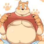  2022 anthro belly big_belly black_nose blush canid canine canis clothed clothing clothing_lift domestic_dog hi_res humanoid_hands kemono male mammal moobs mtmnkmn125 overweight overweight_male shirt shirt_lift sitting solo topwear underwear 