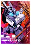  1boy aprostudioluque autobot battle blue_eyes character_name cybertron damaged debris dirty emblem energy_cannon energy_gun english_commentary english_text explosion glowing gun handgun ink_(medium) lights mecha official_art promotional_art ray_gun robot ruins science_fiction shoulder_cannon signature smoke traditional_media transformers weapon wheeljack 