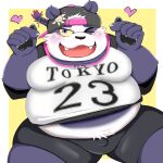  2022 alp_(tas) anthro belly big_belly blush bottomwear bulge clothing giant_panda hat headgear headwear humanoid_hands kemono lifewonders male mammal marumori0619 moobs overweight overweight_male purple_body shirt shorts solo tokyo_afterschool_summoners topwear ursid video_games white_body 