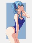  1girl arched_back bare_arms bare_legs blue_background blue_eyes blue_hair blue_swimsuit border breasts cleavage collarbone cowboy_shot from_side grey_border hair_over_shoulder hololive hoshimachi_suisei leaning_forward long_hair medium_breasts one_eye_closed open_mouth shiny shiny_hair solo standing swimsuit twintails virtual_youtuber zeropen 