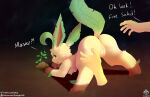  ass_up butt dialogue disembodied_hand duo eeveelution english_text female feral fur genitals hi_res leafeon nintendo plant pok&eacute;mon pok&eacute;mon_(species) pussy senz solo text video_games yellow_body yellow_fur 