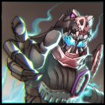  1boy animal_hood armor aura blue_eyes compound_eyes demon demon_boy extra_eyes hood kamen_rider kamen_rider_revice kamen_rider_vice looking_at_viewer lytelevision open_hands pink_eyes pink_scarf rex_genome scarf sharp_teeth shoulder_armor teeth tokusatsu tyrannosaurus_rex white_hair 