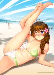  1girl ;) ahoge arm_up bangs bare_arms bare_legs bare_shoulders barefoot beach bikini blue_eyes blue_sky blurry blurry_background blush braid breasts brooke_(mathias_leth) brown_hair collarbone commentary day english_commentary eyebrows_visible_through_hair flexible flower freckles green_bikini hair_between_eyes hair_flower hair_ornament hair_over_shoulder hand_on_own_foot leg_up long_sleeves looking_at_viewer lying mathias_leth multicolored_bikini multicolored_clothes navel on_ground one_eye_closed original outdoors paid_reward_available pink_bikini sand sky small_breasts smile solo_focus swimsuit twitter_username 
