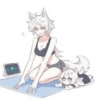  2girls animal_ears arknights blue_eyes bra kaleka lappland_(arknights) long_hair long_sleeves multiple_girls scar scar_across_eye smile tail training_bra underwear white_hair wolf_ears wolf_girl wolf_tail yoga 