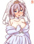  1girl alternate_costume aoba_(kancolle) artist_logo blue_eyes blush breasts bridal_veil choker cleavage collarbone commentary_request cowboy_shot dated dress elbow_gloves embarrassed eyebrows_visible_through_hair flower gloves hair_between_eyes kanon_(kurogane_knights) kantai_collection large_breasts messy_hair nose_blush off-shoulder_dress off_shoulder one-hour_drawing_challenge open_mouth pink_hair ponytail purple_hair rose scrunchie simple_background solo sweatdrop tiara veil wedding_dress white_background white_choker white_dress white_flower white_gloves white_rose 