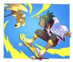  1boy :d alolan_raichu alternate_costume blue_background border capri_pants commentary_request dark-skinned_male dark_skin green_eyes green_hair happy hau_(pokemon) highres jacket male_focus open_clothes open_jacket open_mouth pants pkpokopoko3 pokemon pokemon_(creature) pokemon_(game) pokemon_sm shoes short_ponytail skateboard skateboarding smile sneakers teeth tongue upper_teeth white_border yellow_footwear 