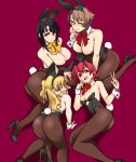  4girls all_fours animal_ears ass black_footwear black_hair black_leotard blonde_hair bow bowtie braid brown_hair commentary_request detached_collar fake_animal_ears flipped_hair french_braid high_heels kantai_collection kinu_(kancolle) leotard long_hair looking_at_viewer multiple_girls mutsu_(kancolle) one-piece_thong orange_eyes pantyhose playboy_bunny rabbit_ears rabbit_tail red_bow red_bowtie red_eyes red_hair short_hair strapless strapless_leotard tail takao_(kancolle) udukikosuke wavy_hair wrist_cuffs yellow_bow yellow_bowtie zara_(kancolle) 