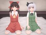  2girls ascot bangs barefoot black_bow black_bowtie black_hair black_hairband blunt_bangs blush bow bowtie brown_eyes commentary_request eyebrows_visible_through_hair frilled_bow frilled_hair_tubes frilled_shirt_collar frilled_skirt frills full_body futon green_skirt green_vest grey_eyes hair_bow hair_tubes hairband hakurei_reimu hand_on_own_knee highres indoors konpaku_youmu large_bow long_hair looking_at_viewer miyo_(ranthath) multiple_girls no_detached_sleeves red_bow red_shirt red_skirt shirt short_hair short_sleeves sitting skirt skirt_set sleeveless sleeveless_shirt sweat touhou vest wariza white_hair white_shirt yellow_ascot 