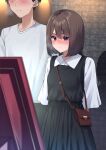  1boy 1girl arms_behind_back bag black_hair blurry blurry_foreground blush bob_cut brown_hair commentary couple dress faceless faceless_male handbag highres indoors kiona_(giraffe_kiona) medium_hair original pinafore_dress purple_eyes short_hair sweat 