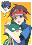  1boy :d blue_jacket bodysuit bodysuit_under_clothes border bright_pupils brown_hair character_doll commentary_request grey_eyes highres hugh_(pokemon) jacket looking_at_viewer male_focus nate_(pokemon) norisukep open_mouth pokemon pokemon_(game) pokemon_bw2 popped_collar qwilfish red_headwear short_hair short_sleeves smile solo sparkle thought_bubble tongue upper_body visor_cap white_border white_pupils yellow_background 