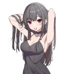  1girl armpits arms_up bangs bare_legs bare_shoulders black_hair breasts eyebrows_behind_hair eyebrows_visible_through_hair hair_between_eyes hair_ornament hairclip highres kotoha_kisaragi long_hair looking_at_viewer mouth_hold original purple_eyes simple_background smile tying_hair white_background 