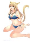  1girl :d animal_ears bangs bare_arms bare_legs barefoot blonde_hair blue_bra blue_eyes blue_panties bra breasts cat_ears cat_girl cat_tail cleavage collarbone eyebrows_visible_through_hair final_fantasy final_fantasy_xiv hair_between_eyes hair_over_shoulder highres long_hair medium_breasts miqo&#039;te nanase_kokono non-web_source open_mouth panties shiny shiny_hair side-tie_panties simple_background sitting slit_pupils smile solo straight_hair tail underwear underwear_only very_long_hair wariza white_background 