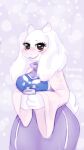  anthro big_ears blush boss_monster bovid brown_eyes caprine clothed clothing container cup dress eyelashes fangs female floppy_ears fur goat hi_res holding_cup holding_object horn lop_ears mammal open_mouth pattern_background purple_background purple_clothing purple_dress simple_background solo toriel undead_cashew undertale undertale_(series) video_games white_body white_fur 
