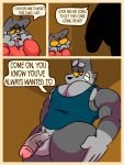  2022 anthro anukkyt balls brother brothers canid canine clothing comic dialogue duo english_text genitals grey_body humanoid_genitalia humanoid_hands humanoid_penis incest_(lore) male male/male mammal nipples penis shirt sibling text topwear 
