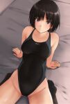  1girl amagami black_hair black_legwear black_swimsuit breasts brown_eyes competition_swimsuit highleg highleg_swimsuit highres kneehighs looking_at_viewer nanasaki_ai one-piece_swimsuit short_hair small_breasts smile solo swimsuit two-tone_swimsuit yoo_tenchi 