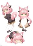  1girl :d ahoge animal_ear_fluff animal_ears anya_(spy_x_family) bangs black_dress black_footwear blush cat_ears cat_girl cat_tail closed_eyes dress eyebrows_visible_through_hair fang full_body green_eyes hairpods highres kemonomimi_mode knees_up leaning_forward long_sleeves lying mary_janes multiple_views on_side pink_hair ryota_(ry_o_ta) shoes short_hair signature simple_background sitting skin_fang sleeping smile spy_x_family standing tail tail_through_clothes thighhighs white_background white_legwear 