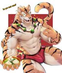  abs anthro bulge chinese_zodiac clothed clothing dialogue dumplings eating felid food green_eyes hi_res looking_at_viewer male mammal muscular muscular_male navel orange_body pantherine partially_clothed simple_background sitting solo speedo striped_body stripes swimwear thick_thighs tiger topless white_background wolfanine year_of_the_tiger 