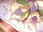  1girl ^_^ barefoot bernadetta_von_varley bloomers closed_eyes drooling fire_emblem fire_emblem:_three_houses hug lying nose_bubble open_mouth pokemon pokemon_(creature) purple_hair short_hair sleeping underwear victreebel white_bloomers yanmarson zzz 