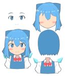 1girl bangs blue_dress blue_eyes blue_hair blush blush_stickers bow cirno closed_mouth cropped_torso dress eyebrows_visible_through_hair hair_between_eyes hair_bow how_to looking_at_viewer mizune_(winter) multiple_views red_bow shirt short_hair smile touhou upper_body white_background white_shirt 
